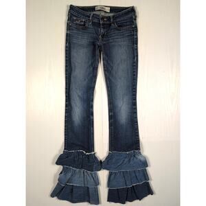 Hollister Women’s Jeans Sz 1 Blue Denim Low Rise Y2K Ruffle Flare Boho Festival